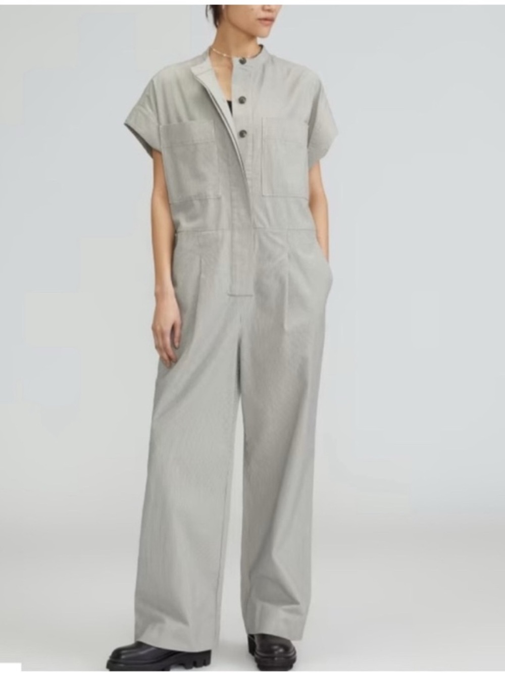 Everlane Light Gray Striped Short-Sleeve Wide-Leg Jumpsuit